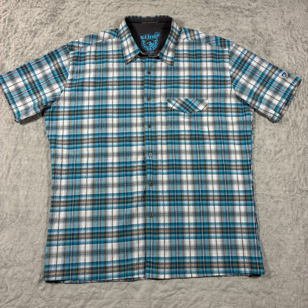 Kuhl Mens Hiking Button Down Shirt Size XXL Plaid Short Sleeve Blue